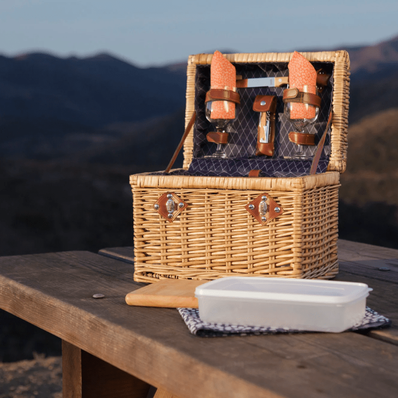 Picnic Time Napa Wine & Cheese Picnic Basket - Adeline Collection - Deep Purple with Coral Pattern - Perfect for outdoor picnic - basket open on a picnic bench