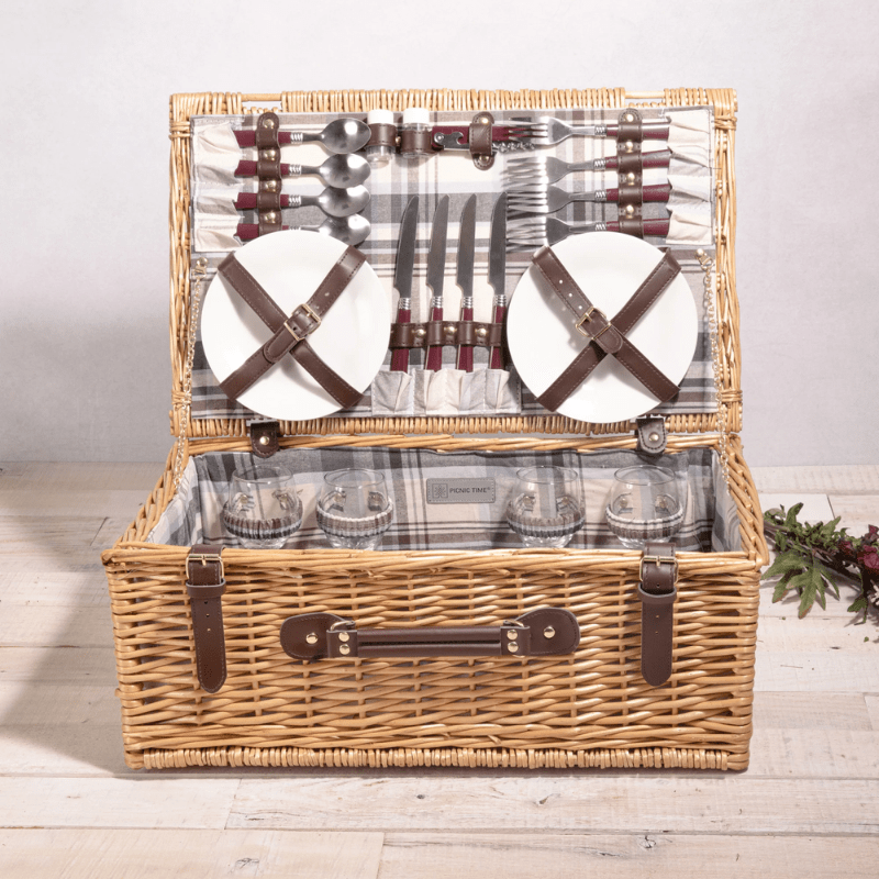 Picnic Time Newbury Picnic Basket - Navy Blue & Burgundy Plaid Pattern - Open view of Picnic basket