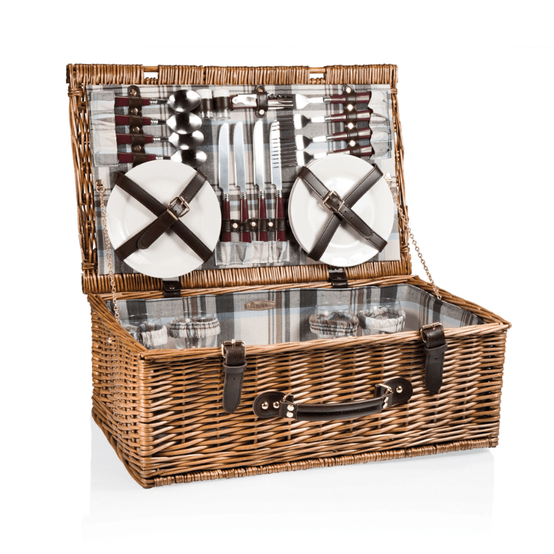 Picnic Time Newbury Picnic Basket - Navy Blue & Burgundy Plaid Pattern - Front view of picnic basket with lid open