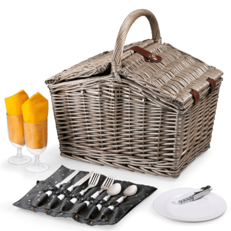 Picnic Time Piccadilly Picnic Basket - Gray with Gold Accents - closed basket with contents sitting out