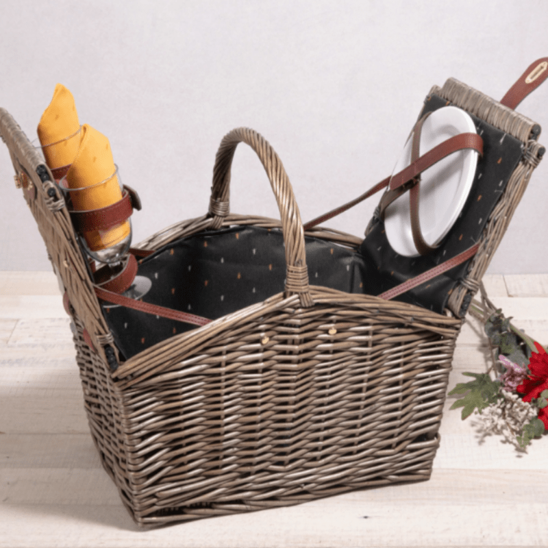 Picnic Time Piccadilly Picnic Basket - Gray with Gold Accents - open basket showing plates, wine glasses, and napkins