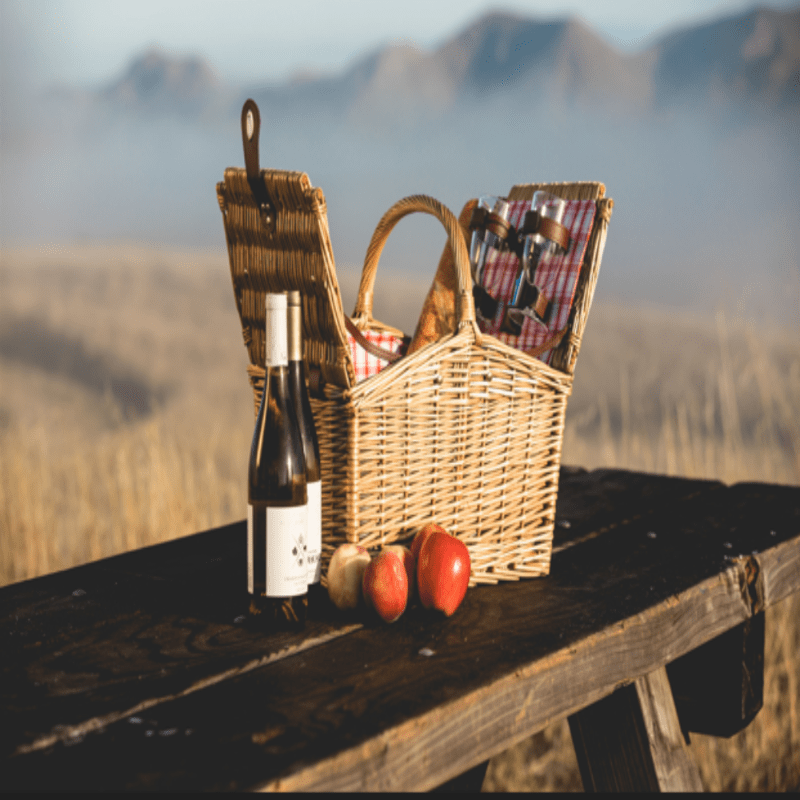 Picnic Time Piccadilly Picnic Basket - Red & White Plaid Pattern - basket sitting open on a picnic table with wine bottles and fruit