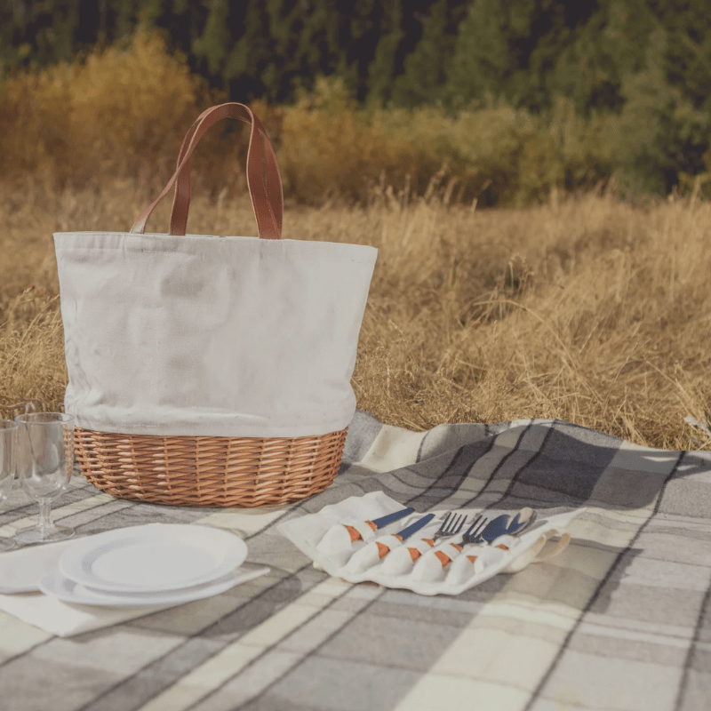 Picnic Time Promenade Picnic Basket - Beige Canvas - Perfect using the picnic basket outdoors on a blanket