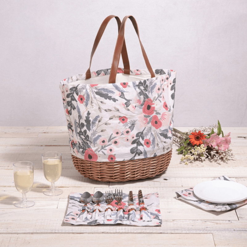 Picnic Time Promenade Picnic Basket - Floral Pattern - Floral picnic basket with utensil around it