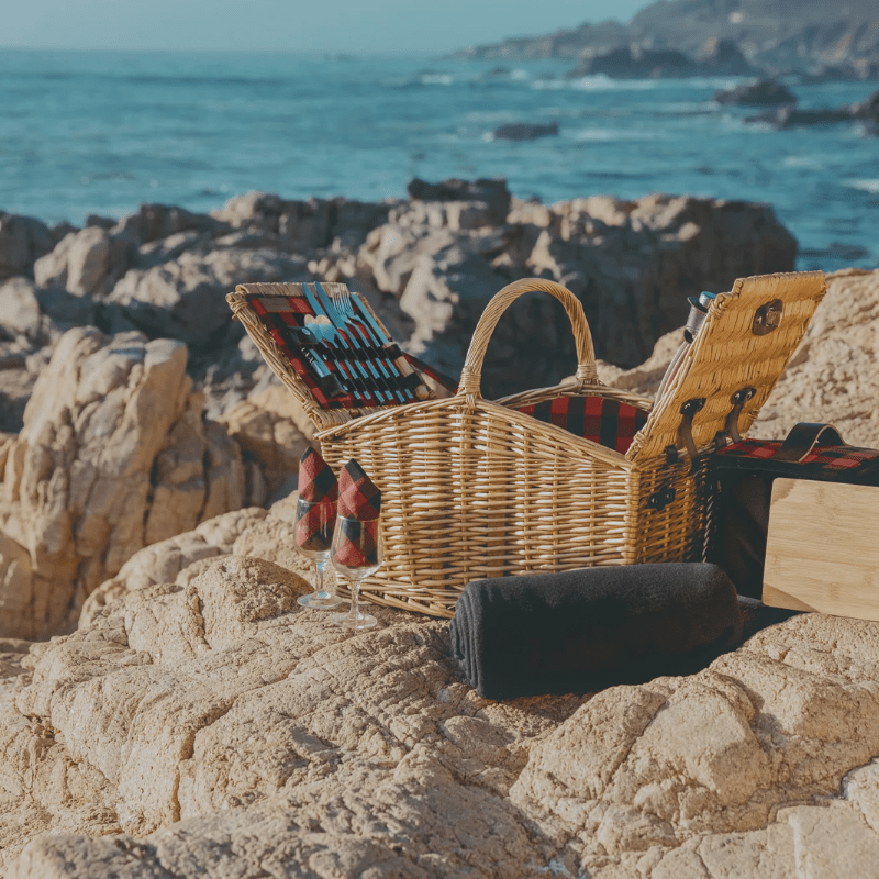 Picnic Time Somerset Picnic Basket - Red & Black Buffalo Plaid Pattern - Perfect for outdoor picnic - basket on rock by water