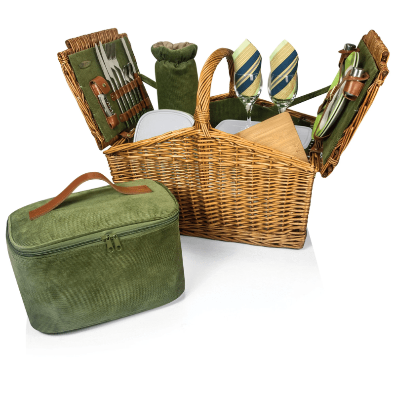 Picnic Time Somerset Picnic Basket - Sage Green - Front view of picnic basket showing accessories