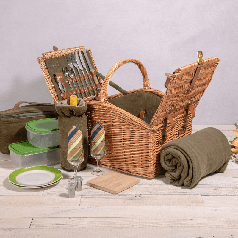 Picnic Time Somerset Picnic Basket - Sage Green - Open view of picnic basket