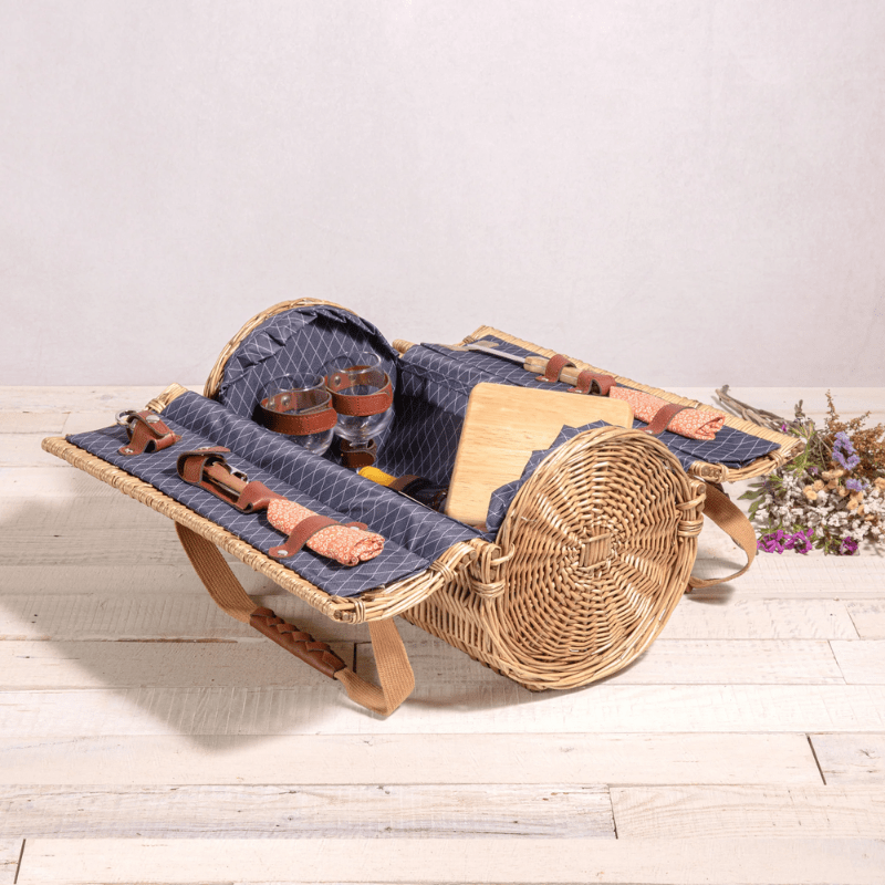 Picnic Time Verona Wine & Cheese Picnic - Adeline Collection - Deep Purple with Coral Pattern - Open view of cheese picnic basket