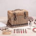 Picnic Time Yellowstone Picnic Basket - Brown with Beige & Red Accents - Closed view of picnic basket with utensils outside