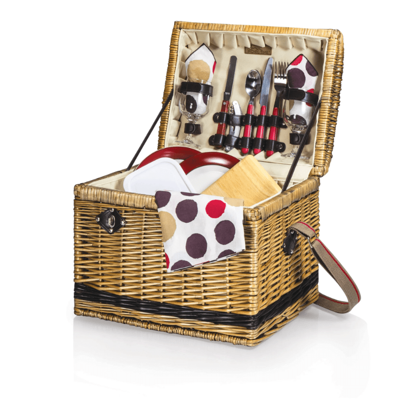 Picnic Time Yellowstone Picnic Basket - Brown with Beige & Red Accents - Front view of the picnic basket with top open