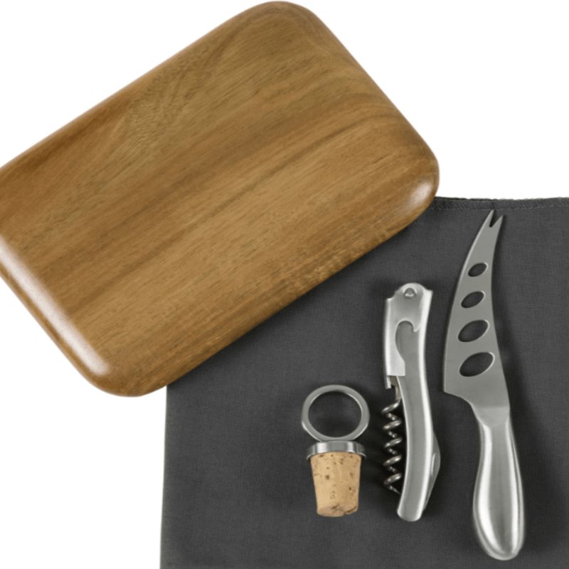 SONOMA WINE & CHEESE PICNIC TOTE - cheese board,  cheese knife, bottle stopper,  and cheese knife on napkins