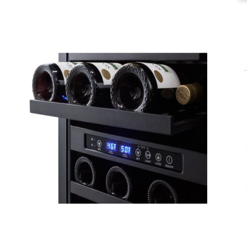 Summit 18" Wide Built-In Wine Cellar - bottles on shelf and dual temp control panel