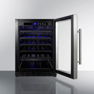 Summit 18" Wide Built-In Wine Cellar, ADA Compliant - front view, door open with blue LED lighting