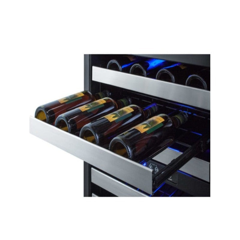 Summit 24" Wide Combination Dual-Zone Wine Cellar and 2-Drawer All-Refrigerator - shelf pulled out with wine bottles on it