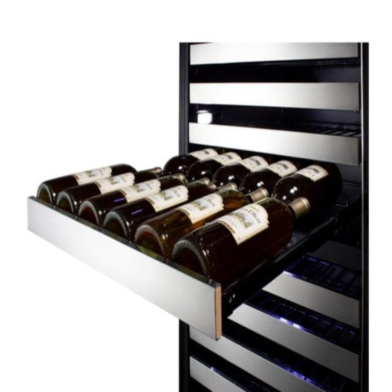 Summit 24" Wide Triple Zone Wine Cellar - shelf pulled out with wine bottles on it