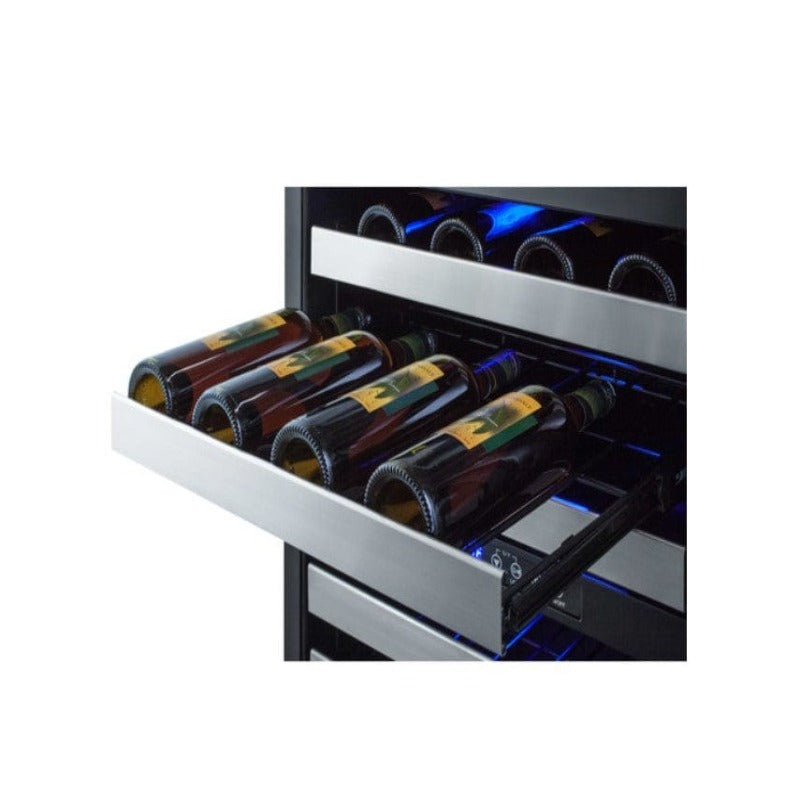 Summit 24" Wide Combination Dual-Zone Wine Cellar and 2-Drawer All-Refrigerator - shelf pulled out with wine bottles