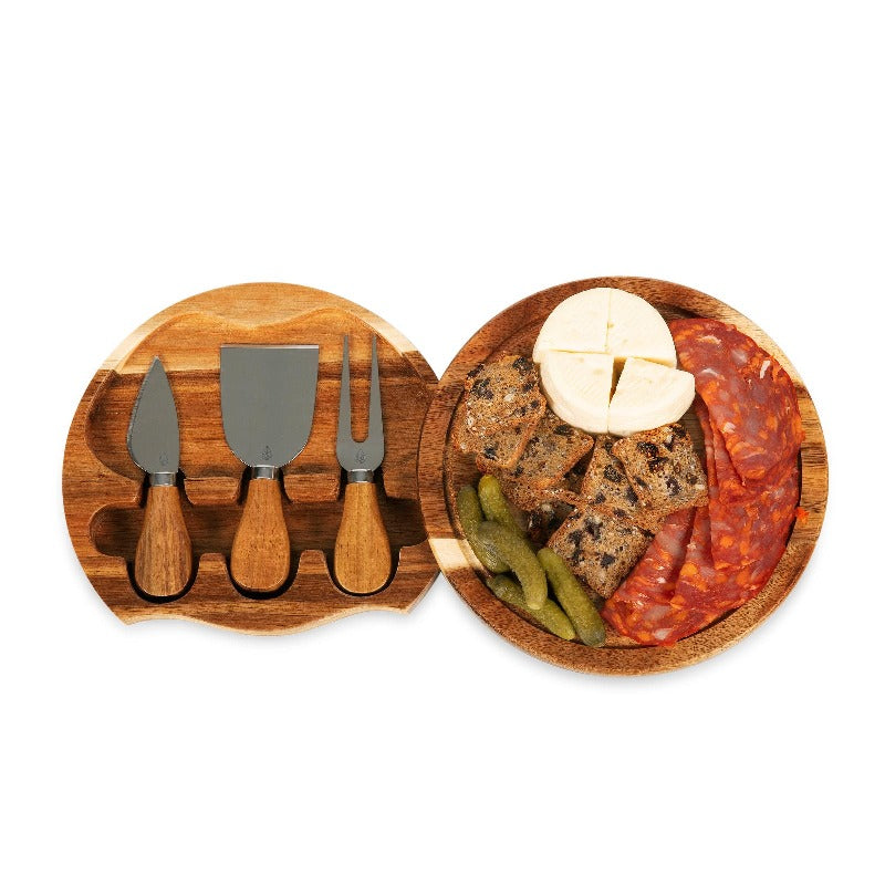 Toscana Acacia Brie Cheese Cutting Board & Tools Set - board open showing tools and appetizers