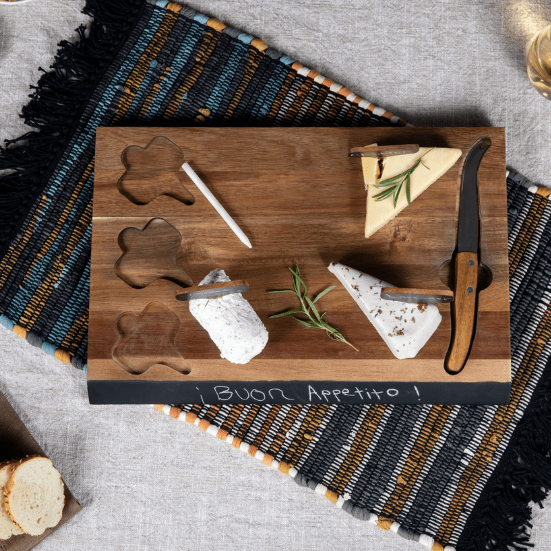 Toscana Delio Acacia Cheese Cutting Board & Tools Set - View from above of cutting board and tool set