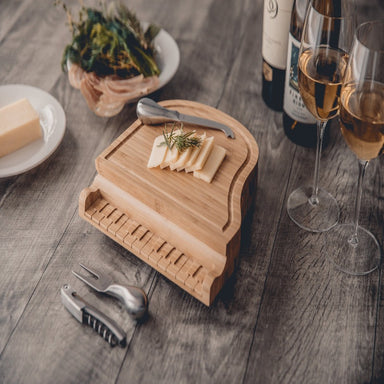 Toscana Piano Cheese Cutting Board & Tools Set - board with glasses of wine and cheese