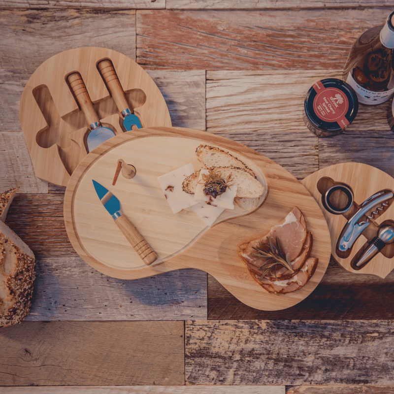 Toscana Sand Trap Gold Cheese Cutting Board & Tools Set - View from above of open cutting board and tool set