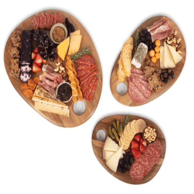 Toscana Set of 3 Pebble Shaped Acacia Serving Boards - view from above with charcuterie on each board