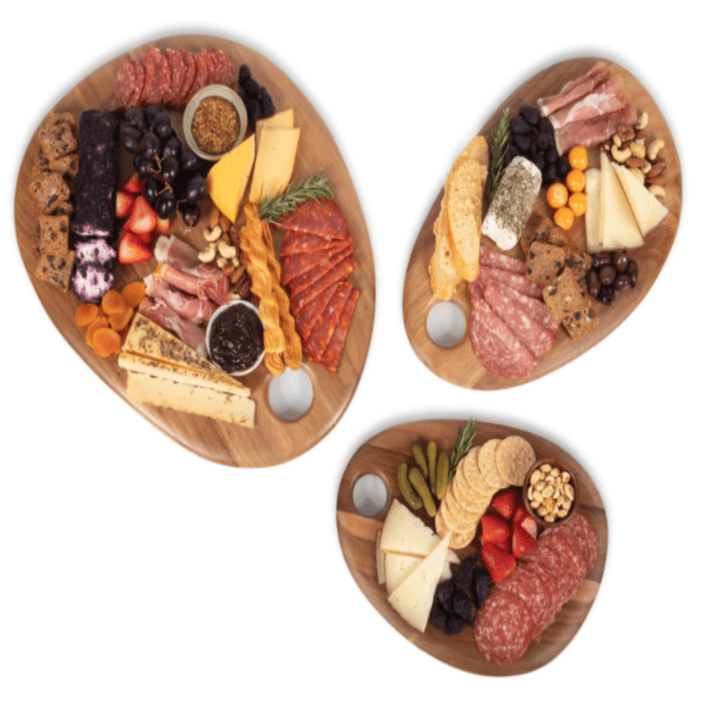 Toscana Set of 3 Pebble Shaped Acacia Serving Boards - view from above with charcuterie on each board