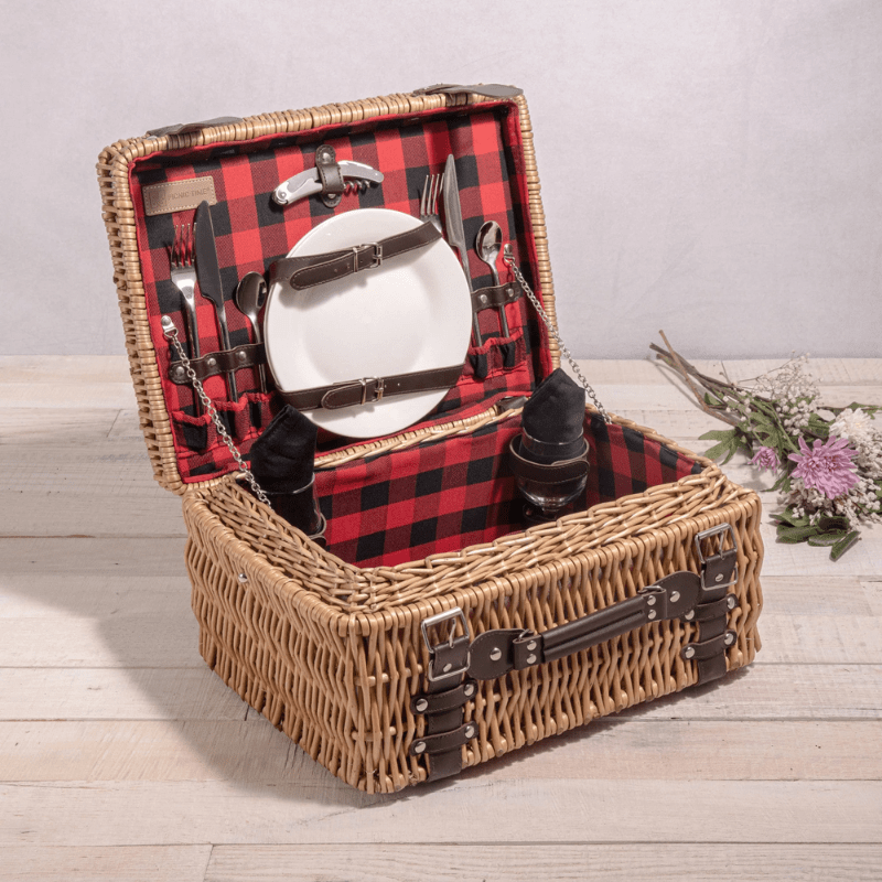 Picnic Time Champion Picnic Basket - Red & Black Buffalo Plaid Pattern - Open view of picnic basket