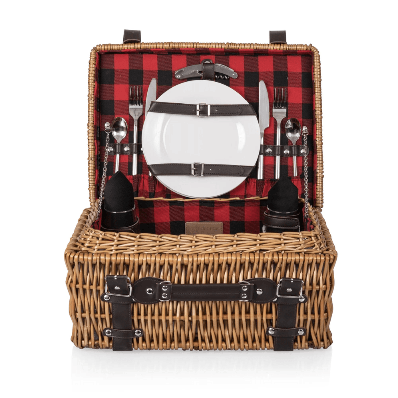 Picnic Time Champion Picnic Basket - Red & Black Buffalo Plaid Pattern - Front view of picnic basket, lid open