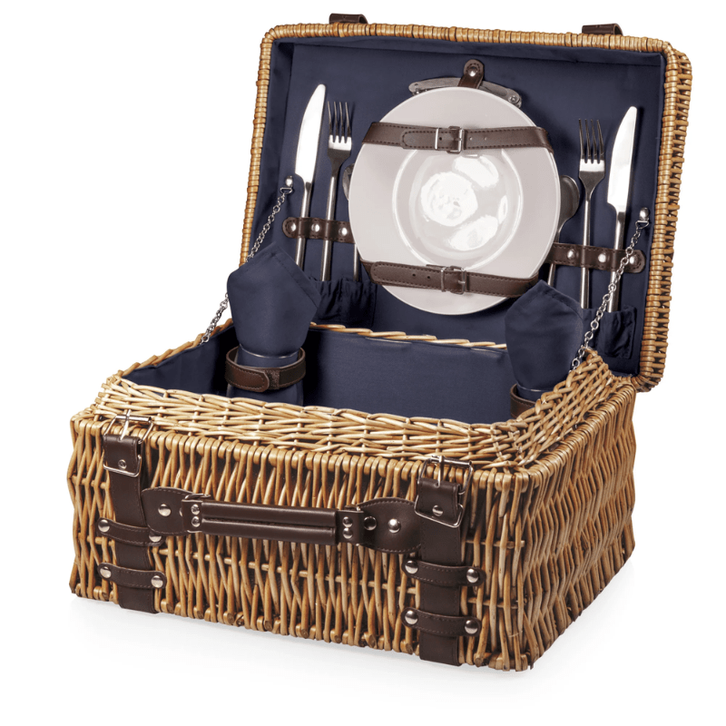 Picnic Time Champion Picnic Basket - Navy Blue - Front view of picnic basket, open lid