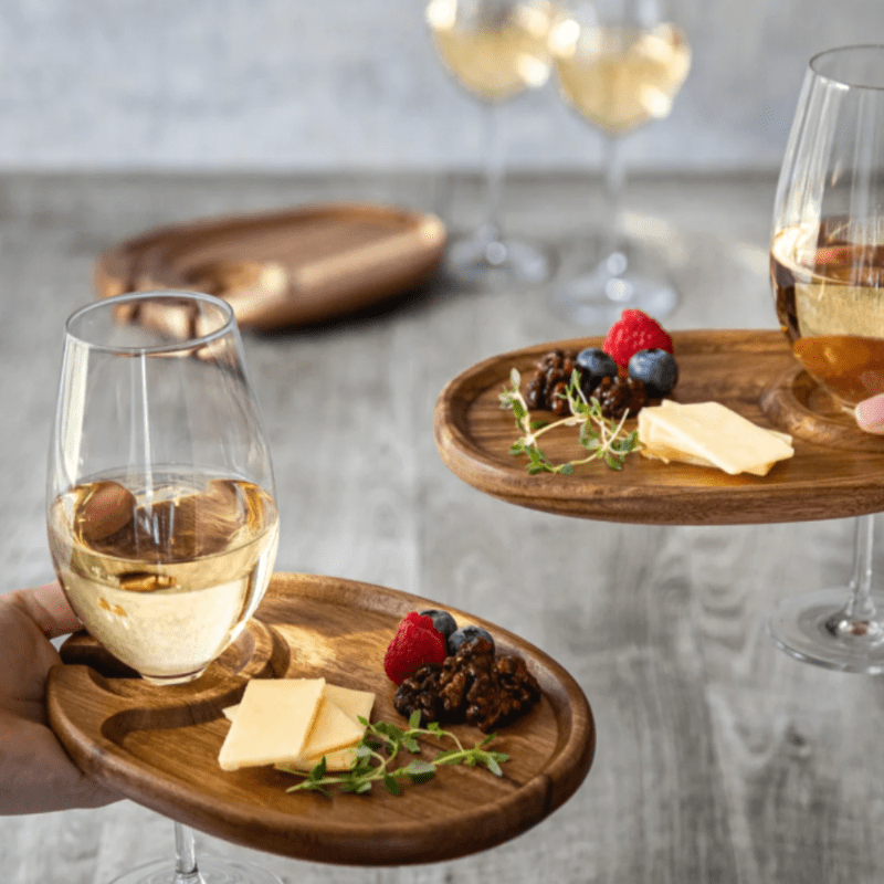 TOSCANA ENTERTAINING WINE AND APPETIZER PLATE, SET OF 4, IN ACACIA WOOD-showing appetizers and a full  wine glass supported in the tray