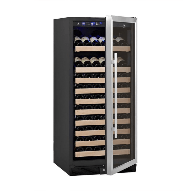 KingsBottle 100 Bottle Kitchen Wine Refrigerator Freestanding SS RHH - front view door open with wine bottles inside